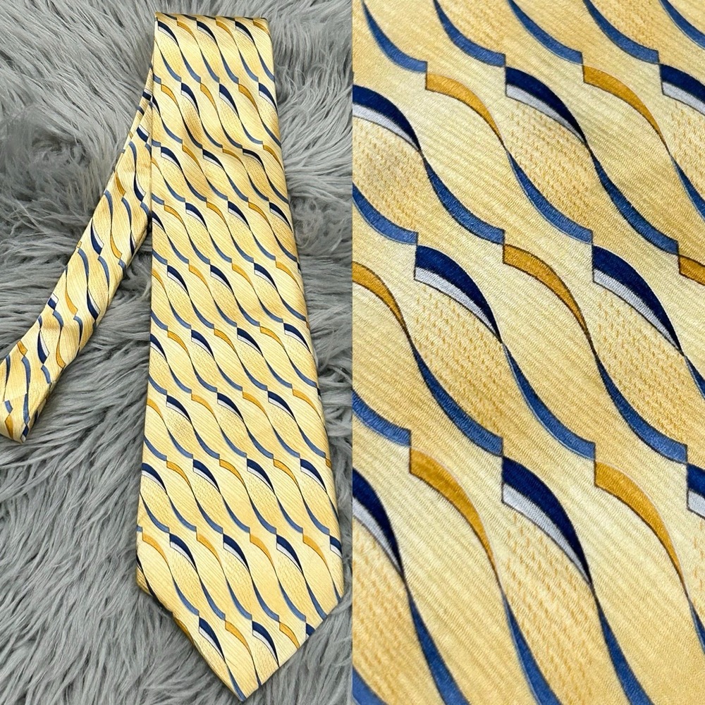 Vintage Albert Nipon Men's 100% Silk Neck Tie Gold and Blue Geo-Design